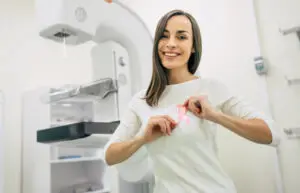 Woman getting mammogram.