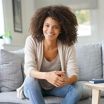 smiling woman sitting on a sofa